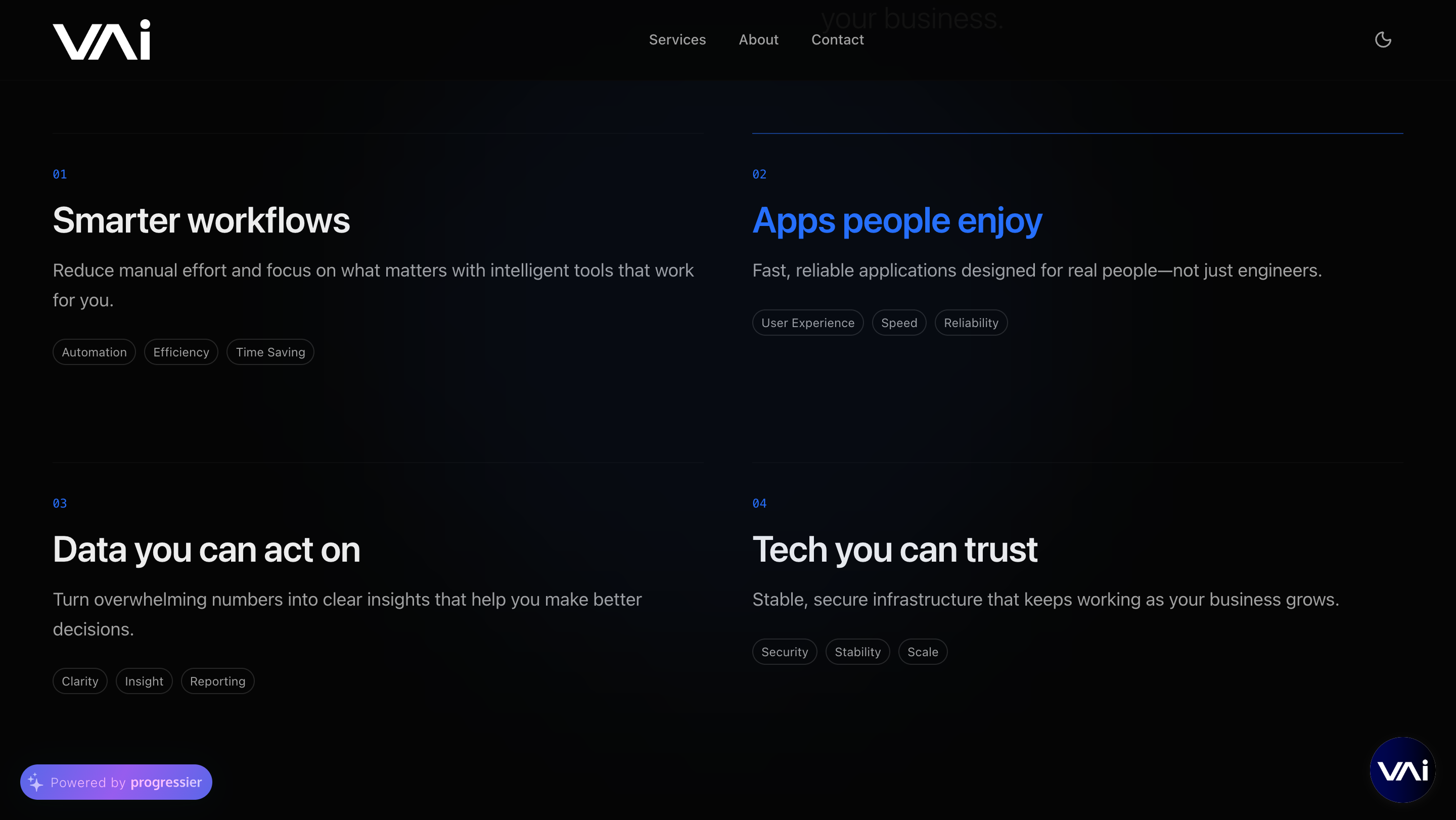 Vai services section — Smarter workflows, Apps people enjoy, Data you can act on, Tech you can trust